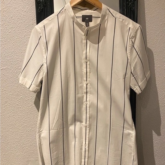 H&M Other - H&M White Short-Sleeve Band Collar Shirt with Black Pinstripes